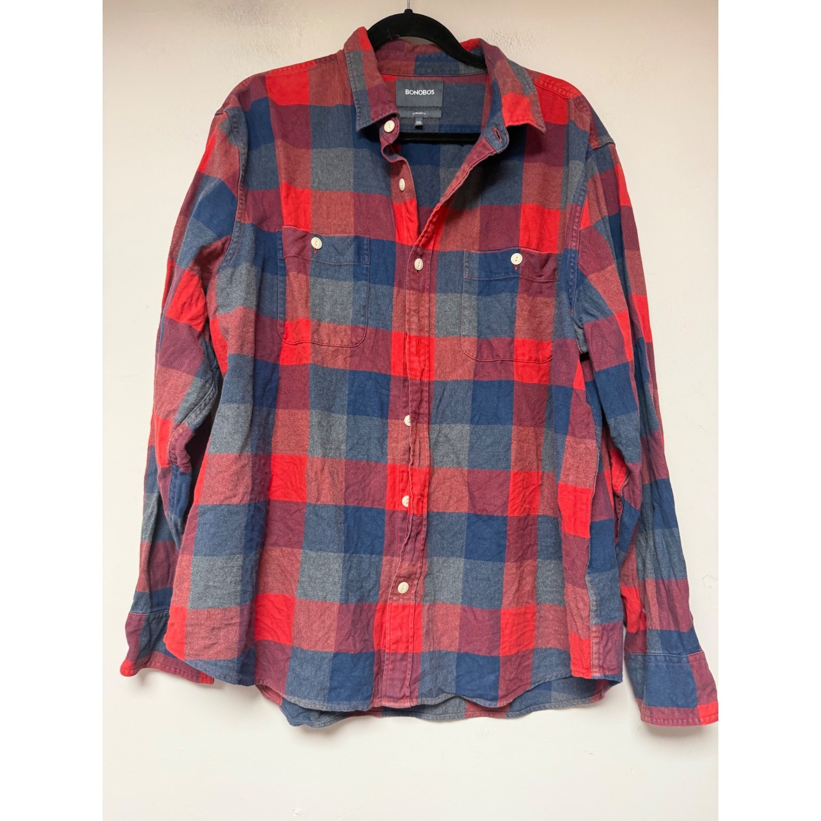 Bonobos Button Down Shirt Mens XXL Red Blue Plaid Excellent Standard Fit Cotton