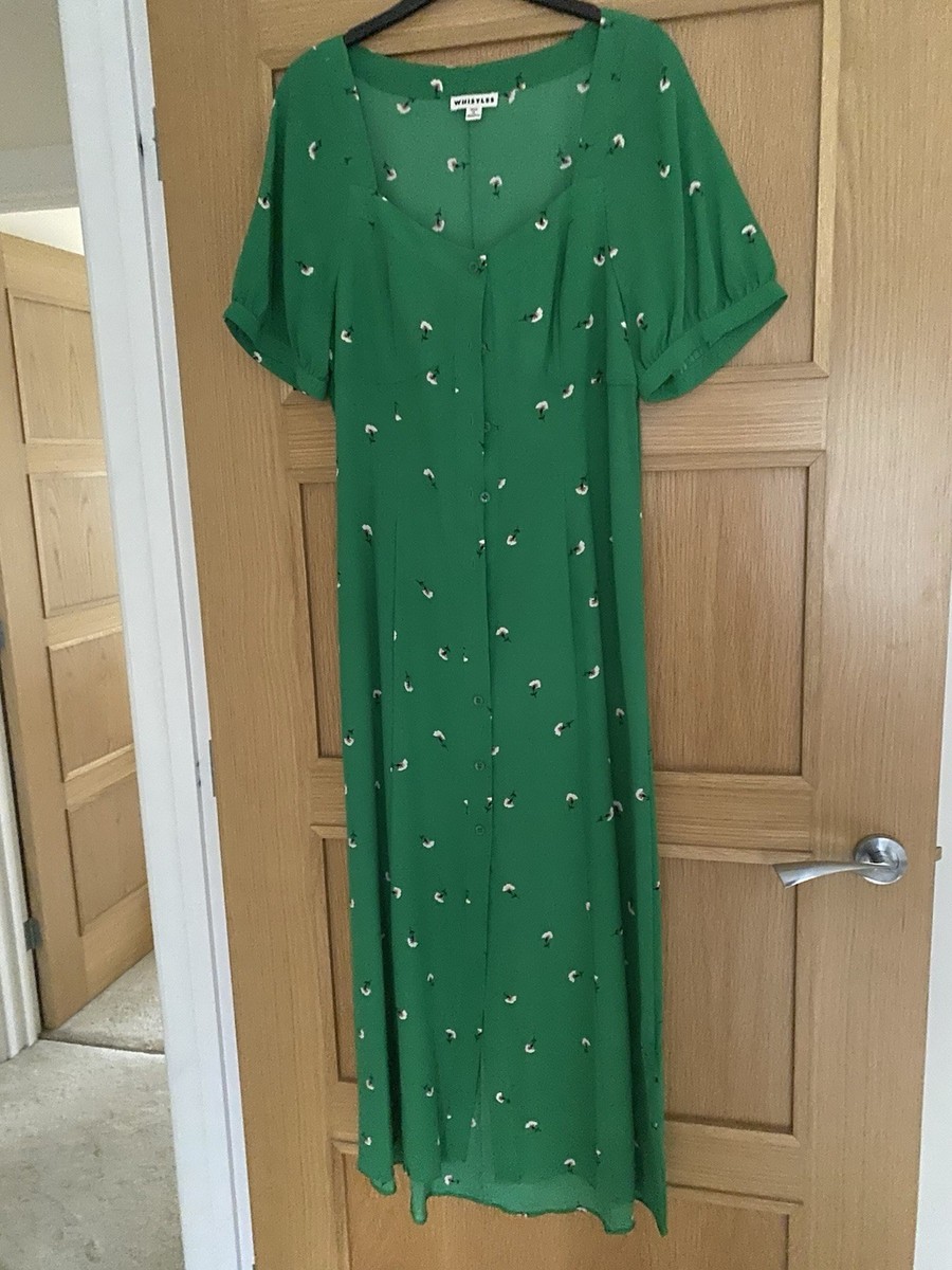 whistles green floral dress WHISTLES BLACK,GREEN & MUSTARD FLORAL PRINT SILK CAP SLEEVE TEA DRESS –  Whispers Dress Agency main image 0