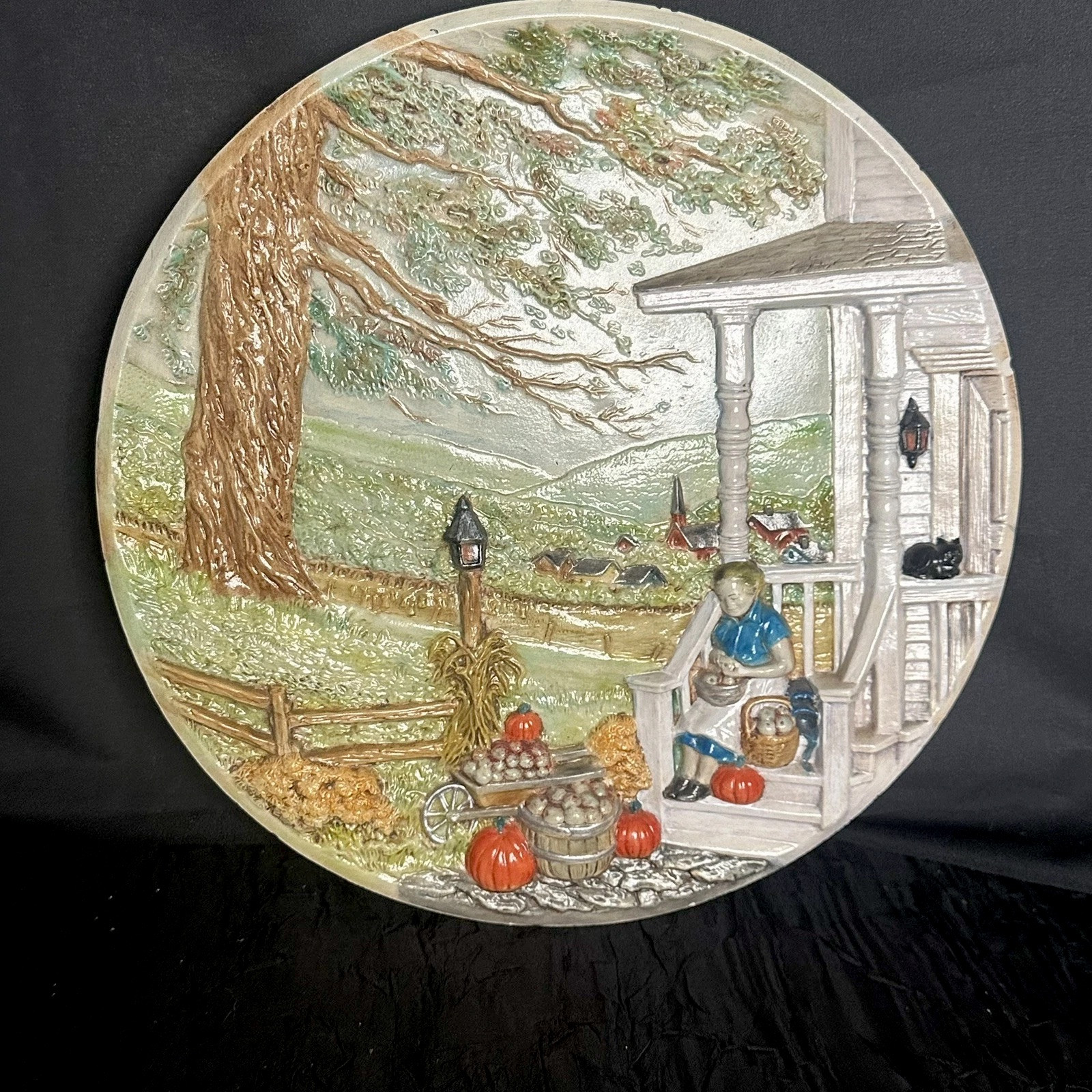 Vintage 1980 Byron Molds 3D Ceramic Plate Wall Decor Harvest Autumn Porch 10”