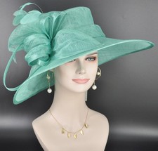 Elegant Turquoise Sinamay Wide Derby Hat Kentucky Derby,Wedding Ascot Hat