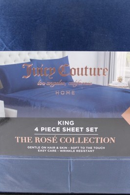 JUICY COUTURE 4-Piece Blue Satin Sheet Set - King Size - The Rosé