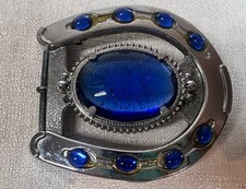 Horseshoe Cowboy Cowgirl Silver Belt Buckle with Blue Decorative Gems 3  Long