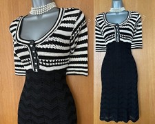 Karen Millen Km 2 Noir Tricoté Blanc Crochet 3/4 Manche Casual Robe Habillée