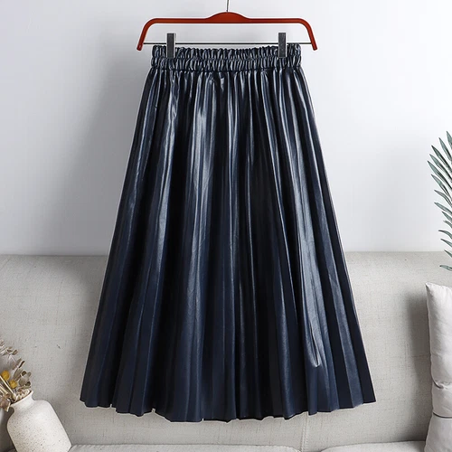 New Ladies Pleated Faux Leather Skirt High Elastic Waist Frill Elastic Waist UK - Picture 12 of 35