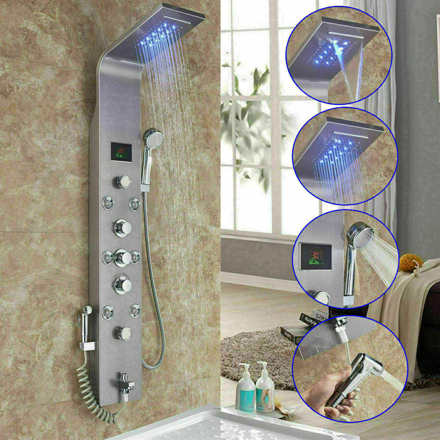 Stainless Steel Shower Panel Tower Faucet Massage Body Jets 