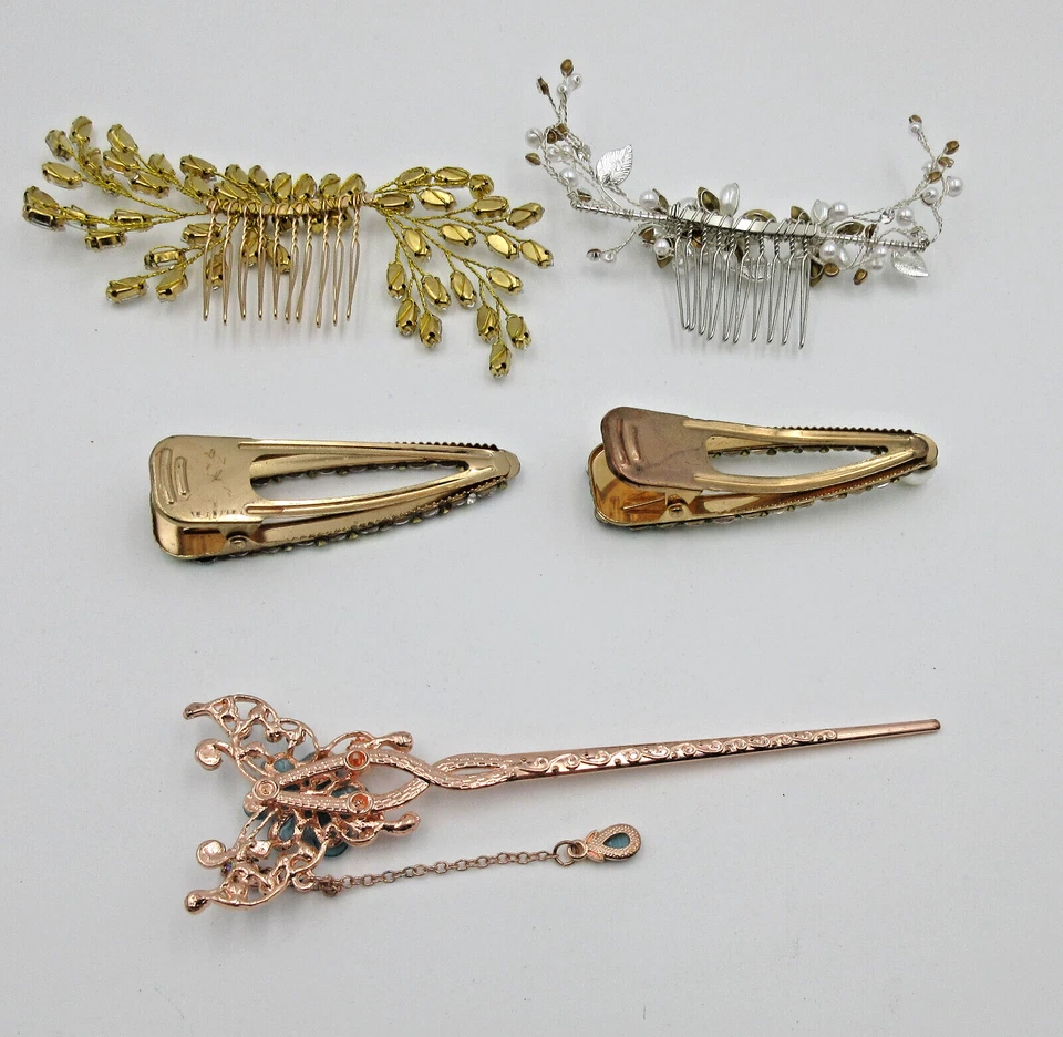 LOTE DE COLECCIÓN ELEGANTE CONJUNTO ESTRÁS IMITACIÓN PERLA ORO TONO PLATA BARETES PINZA PARA EL PELO Foto 2 de 4