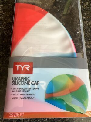 TYR Tie Dye Pink / Blue / Orange & White Silicone Swim Cap Youth Fit Age 10+
