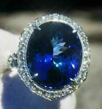 4 Ct Oval Lab Created Blue Sapphire Halo Engagement Ring 14K White Gold Plated