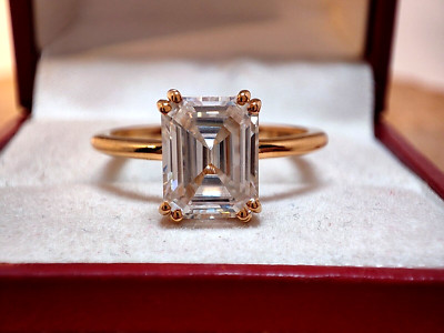 14K Yellow Gold 2.43 Ct Emerald Cut White Moissanite Engagement Ring, Minimalist
