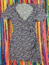 Stradivarius Floral Short Sleeve Mini Dress Boho Faux Wrap V-Neck Rayon Womens S