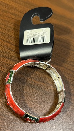 Catherine's Red/Green metal Christmas poinsettia stretch bracelet - new w/ tags - Picture 4 of 4
