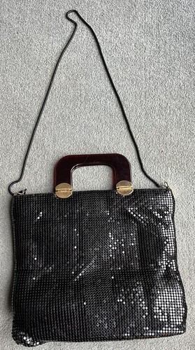 ELKA Metal Mesh Black Handbag 1960's Vintage Lucite Handles