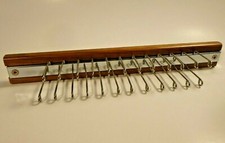 Vtg. Tie Rack Walnut Wood Silvertone Metal Wall Mount Scarf Holder 24 Hook MCM