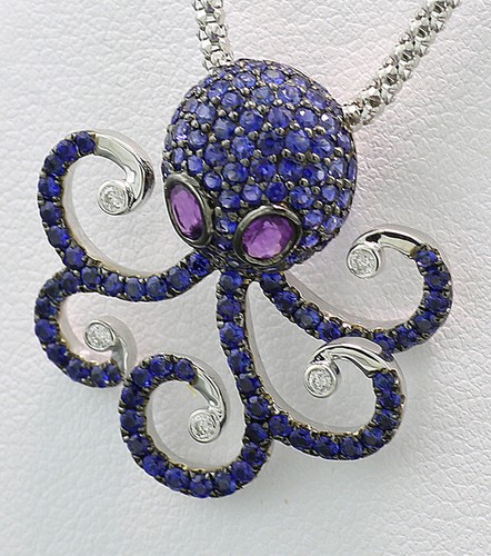 Saphir Amethyst Brillant Anhänger "TINTENFISCH" 750er Weißgold Saphirschmuck NEU - Picture 3 of 5