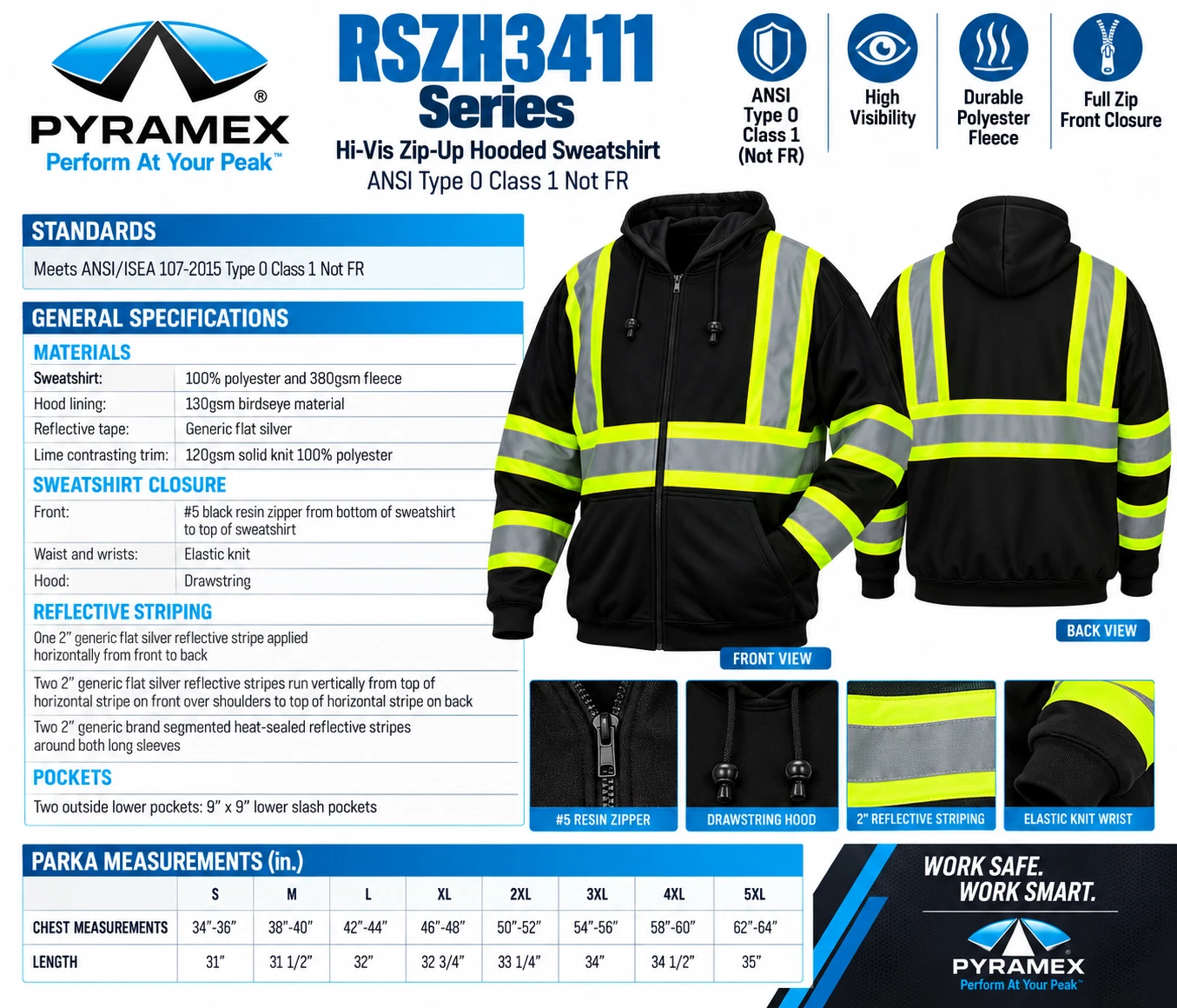 RSZH3411 Black Hi Vis Reflective Road Work Full Zip Up Hooded Fleece Sweatshirt - product detail image 5
