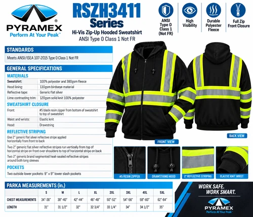 RSZH3411 Black  Hi Vis Reflective Road Work Full Zip Up Hooded Fleece Sweatshirt image 5