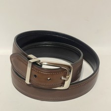 Chaps Men's L 30/32 Brown Synthetic Leather Stitched Dress Belt Silver Buckle