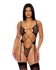 Teddy Bodysuit Black Sheer Nylon Spandex Pull Strings Sheer Mesh Teddy wGarters