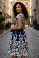 Chi Chi London Kelsey Tea Dress 12/ US8 Blue Navy Lace Tulle Wedding Prom Formal