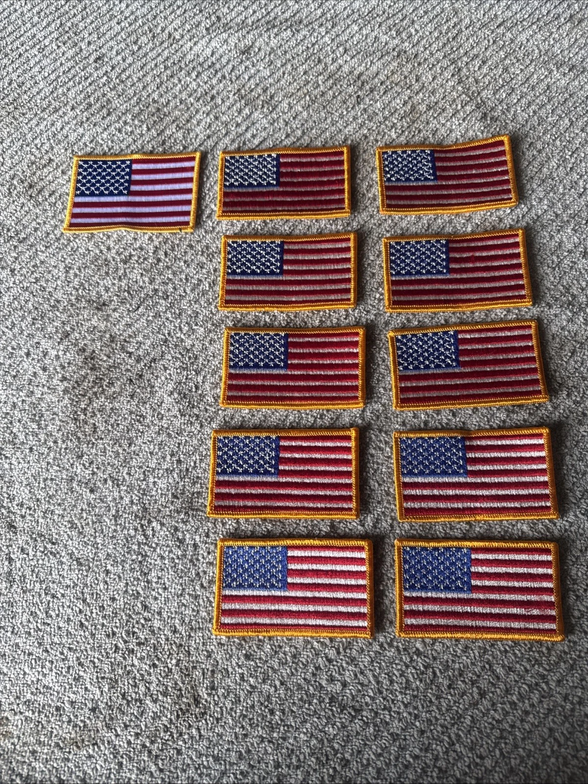 11 American Flag Patches Lot Embroidered Iron-on Yellow Border USA 3 1/2" x 2 “