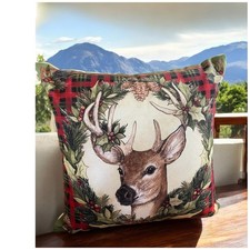 Adult Reindeer Christmas Decorative Throw Pillow Outdoor Tapestry Look 16" x 17"