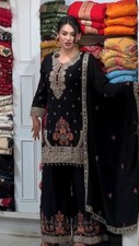 Latest Stylish Star Georgette Black Top Palazzo With Dupatta For Wedding Wear