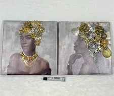 Jewelry Art Canvas Set Handmade 8" Women Portraits Gold Silver Embellished