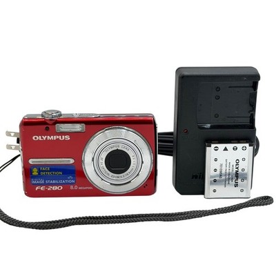 Olympus FE-280 Digital Camera Red 8.0MP 3x Optical Zoom Bundle W Battery Charger