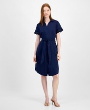 T Tahari Lace-Trim Short-Sleeve Shirtdress Women's XL Navy Collared Tie Waist