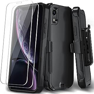 iPhone XR Phone case, [Shockproof] [Belt Clip Kickstand] [2X Tempered Glass Scre