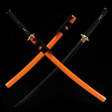 Japanese Katana Sword Full Tang Samurai 9260Spring Steel Black Blade Orange Saya
