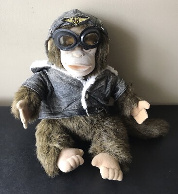 Monkey Chimp Stuffed Hand Puppet 1984 Vintabe Hosung Aviator Pilot Squeaks Plush
