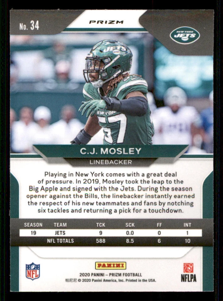 2020 Panini Prizm Prizms Red White and Blue #34 C.J. Mosley - Image 2 of 2