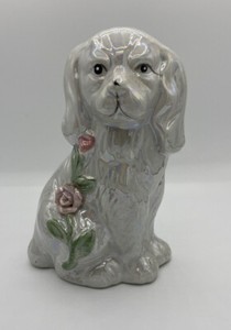 Vintage Lusterware Dog Figurine With Flowers Beautiful!