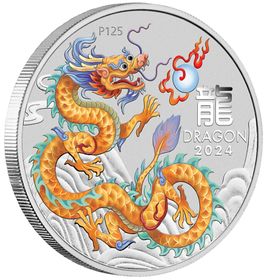 #ad 2024 Lunar Year of the Dragon 1oz GOLDEN Silver $1 Coin in Capsule RGLR issue $112.79