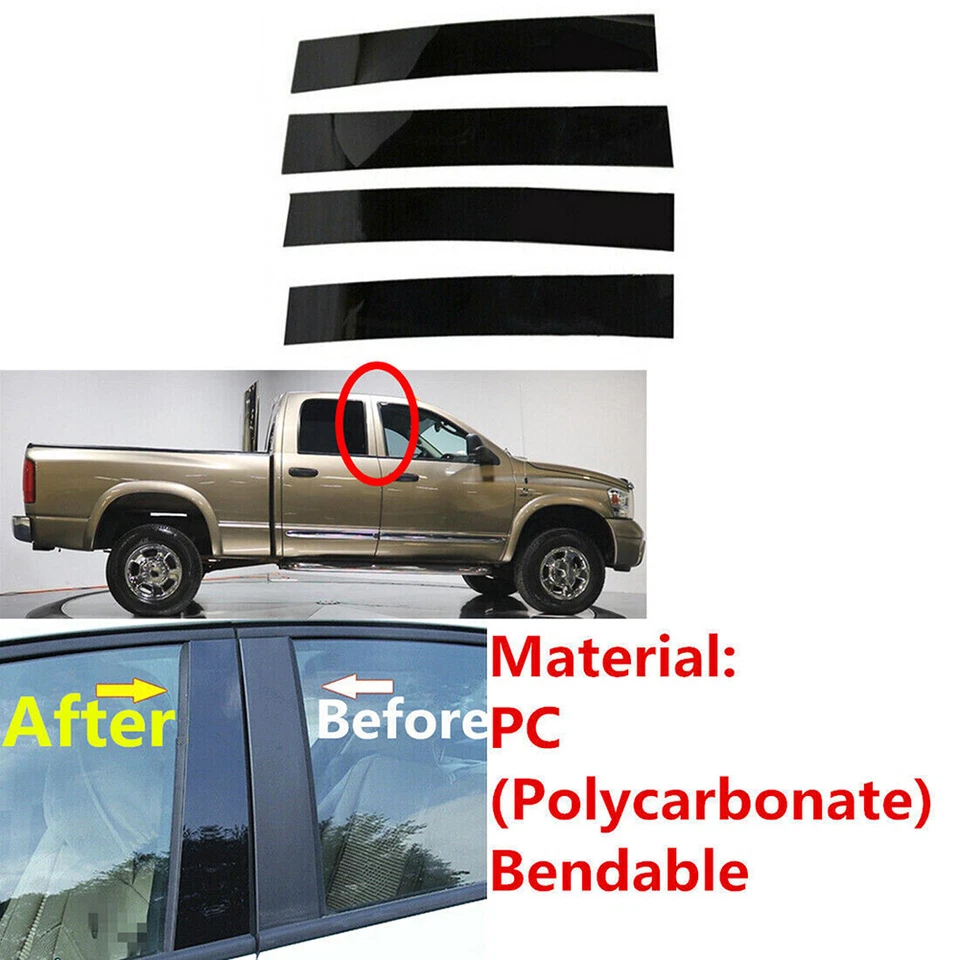Para Dodge Ram 1500/2500/3500 cabina 2002-2008 piano negro postes de pilar moldura de ventana Foto 3 de 4