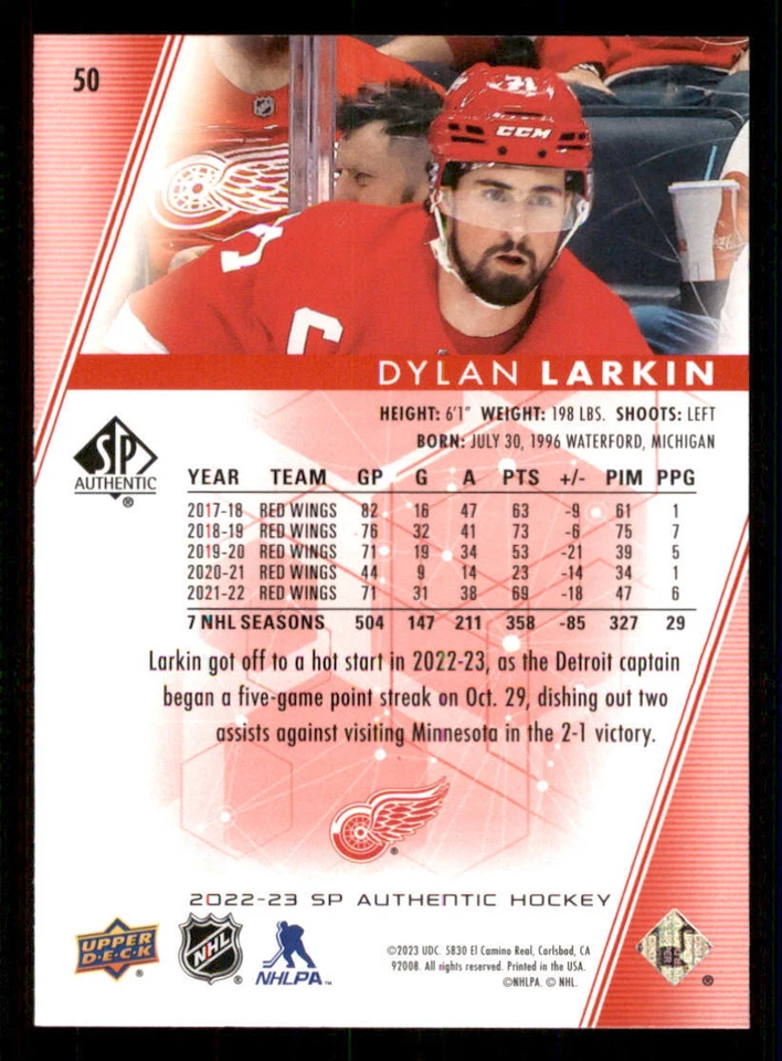 2022-23 SP Authentic Limited Red #50 Dylan Larkin - Image 2 of 2