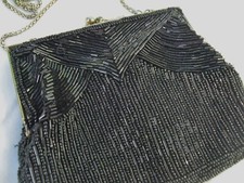 1950's BLACK BEADED EVENING HANDBAG  PURSE  FREE SHIP