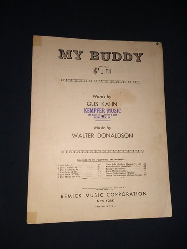 KAHN DONALDSON MY BUDDY SHEET MUSIC PIANO/VOCAL/GUITAR/CHORDS VERY RARE ...