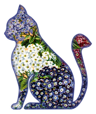 Kitty Cat With Purple Violas Cut Out Metal Sign 12x10