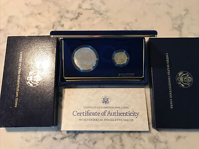 1987 US Mint Constitution 2 Coin Proof Set $5 Gold/ $1 Silver Coin w ...