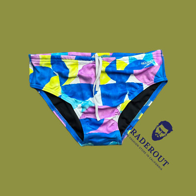 Speedo Men lemon green geo print Endurance Brief Swimwear size 32 34