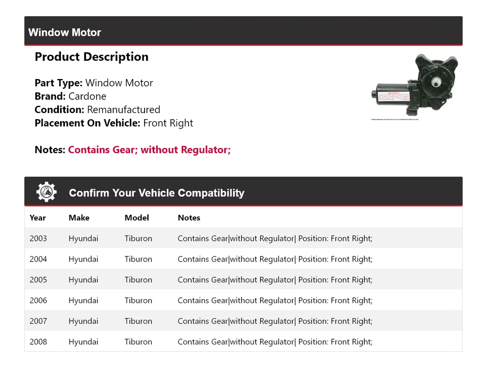 Мотор стеклоподъемника передний правый кардон для Hyundai Tiburon 2003-2008 годов выпуска 2004 2005 2006 годов выпуска - Изображение 2 из 4