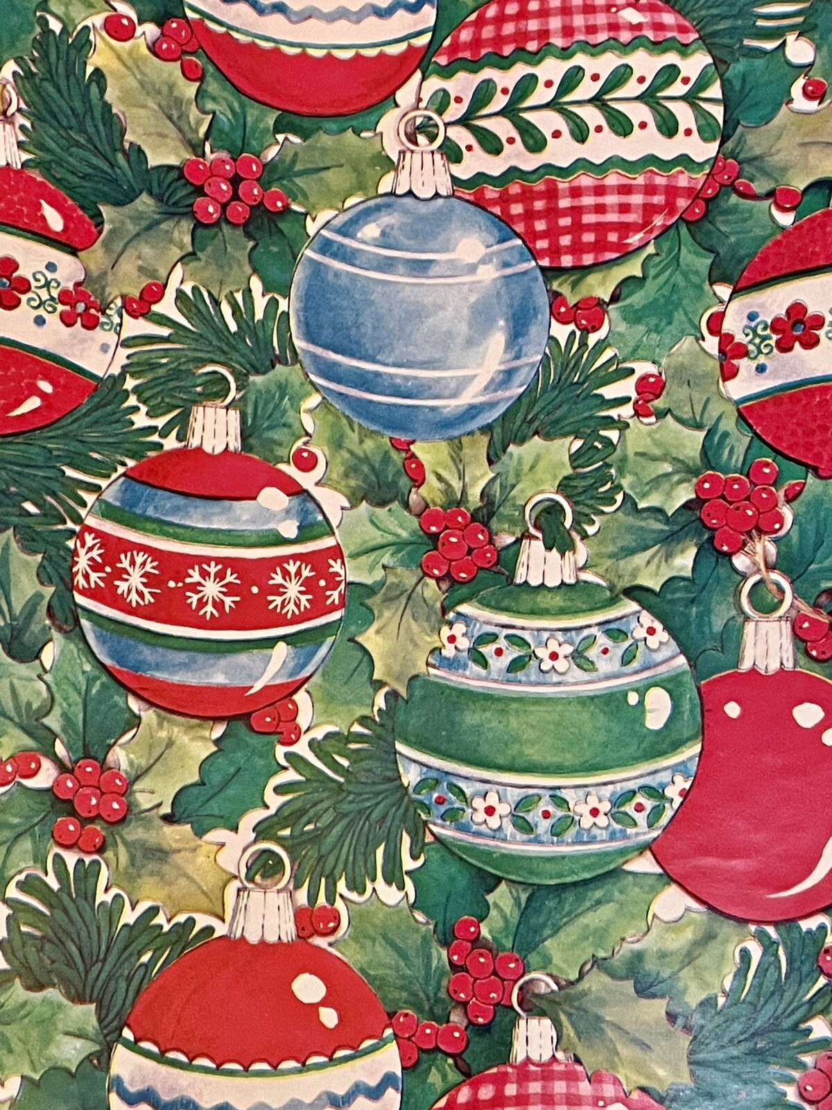 VTG CHRISTMAS WRAPPING PAPER GIFT WRAP RED WHITE BLUE ORNAMENTS NOS 24" X 28"