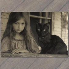POSTCARD Girl Black Cat Weird Creepy Pet Old Vibe Unusual Cute Scary Strange Fun