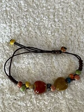 Beautiful Stone Beaded Brown Rope Bracelet 2 Hearts NWOT Boho