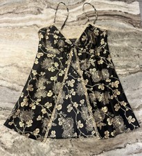 Victoria  s Secret Lingerie Babydoll Tie Front Size MEDIUM Black Gold Floral Lace