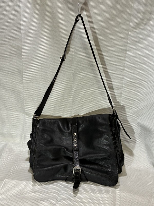 Versace Black Leather Messenger Bag with Silver Buckle Used