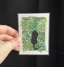 ACEO Originale Miniatura Dipinto Guazzo 2,5X3,5 Nero Gattino In Erba #7 Passeggiata