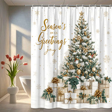 Season  s Greetings Tree Shower Curtain, Gifts, Snowflakes, and Sparkling Holiday